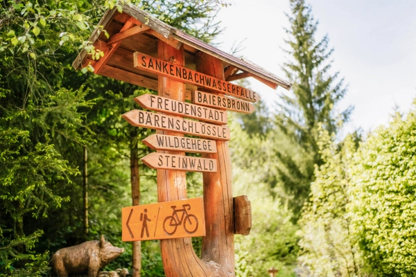 Wegweiser für Wanderer und Mountainbiker auf dem Camping Langenwald mit zielen wie Baiersbronn und Freudenstadt in sonnigen Nordschwarzwald