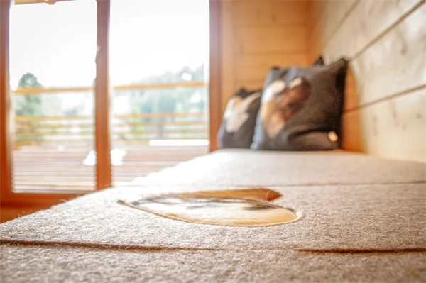Aussicht von der Bank im Aufenthaltsraum zum Fenster mit sich auf den Campingplatz Langenwald